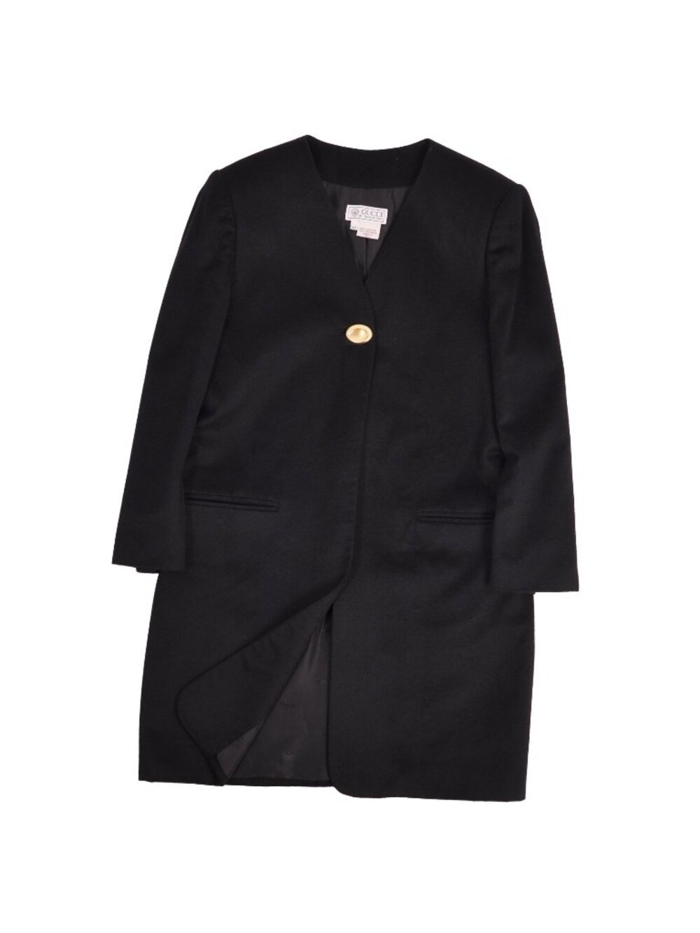 Gucci Vintage Coat Long Collarless Gold Button Cashmere Black 42